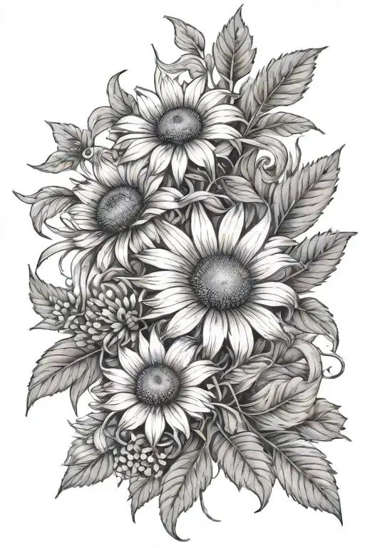 echinacea flower bouquet wrapped string ivy  tattoo design idea