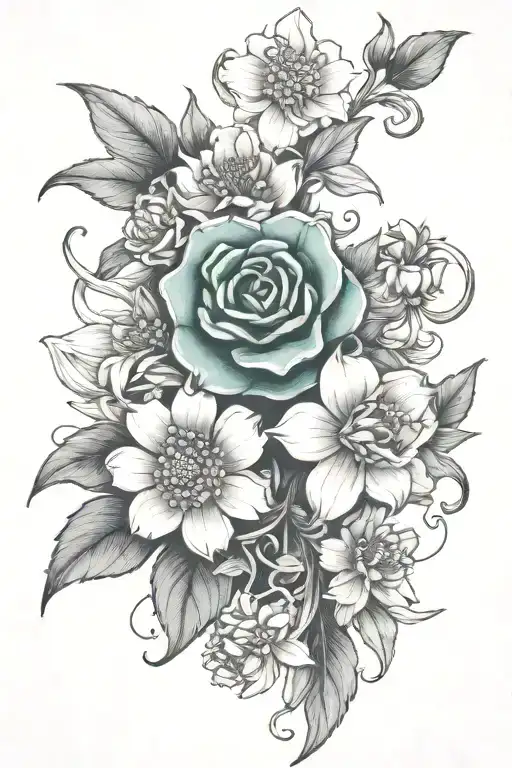 Wild flowers intertwined jade leaves tied together  tattoo design idea