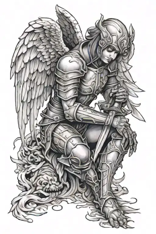 Fallen angel with armor, kneeling down  tattoo design idea
