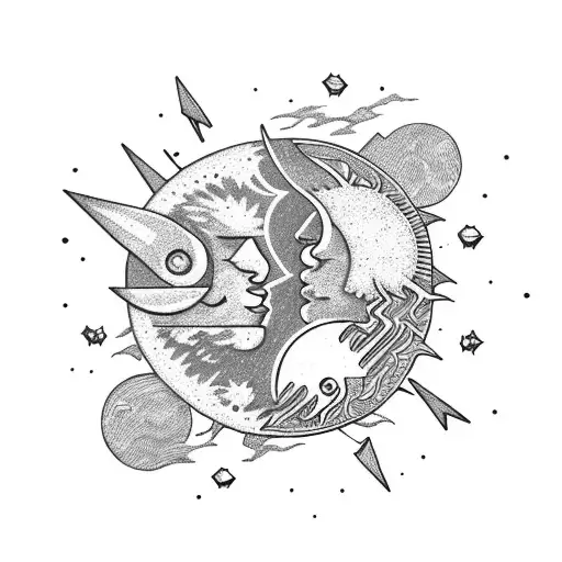 sun and moon in love on a comet with arrows tattoo design idea
