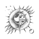 sun and moon in love on a comet with arrows tattoo design idea