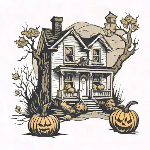 abandoned house with pumpkins around tattoo design idea