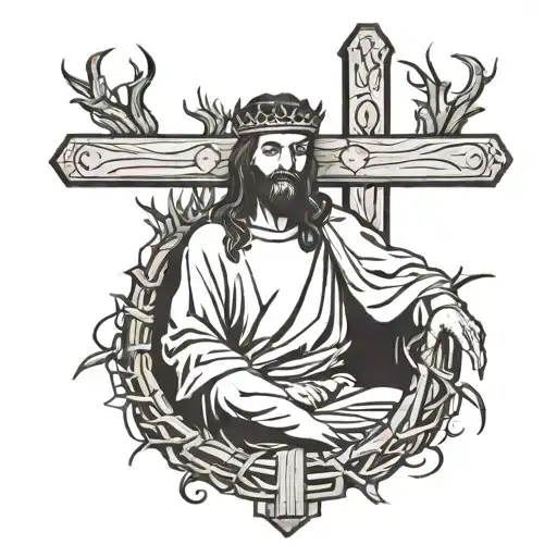 Jesus sitting on a throne wearing a crown of thorns resting his right hand on the top of a wooden cross. tattoo design idea