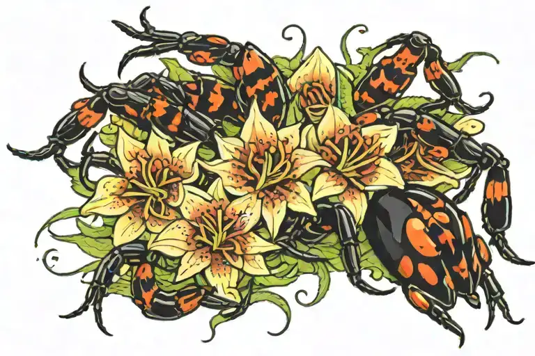 bed of spiderlilys with a black centipede crawling thru tattoo design idea
