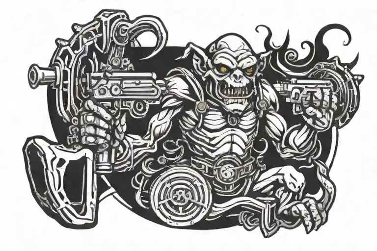 biomechanical goblin holding to guns gold coins tattoo design idea