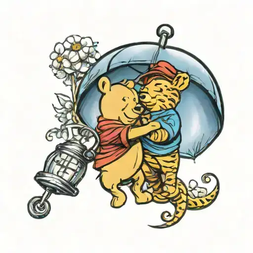 Winne the pooh holding marry poppins umbrella  tattoo design idea
