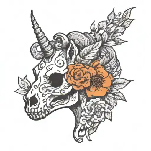 skull, flowers and unicorn  tattoo design idea