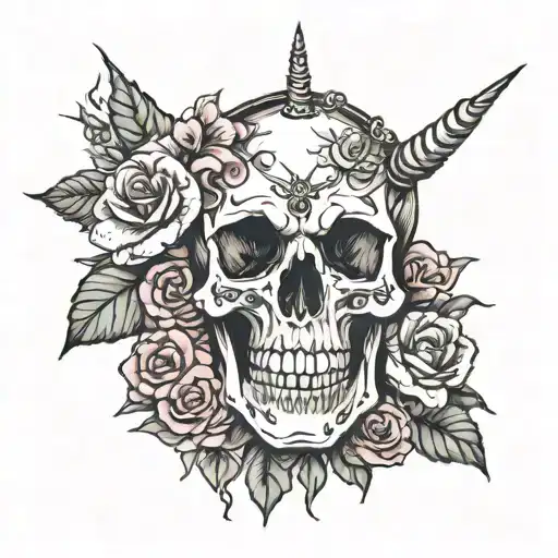 skull, flowers and unicorn skeleton chained tattoo design idea