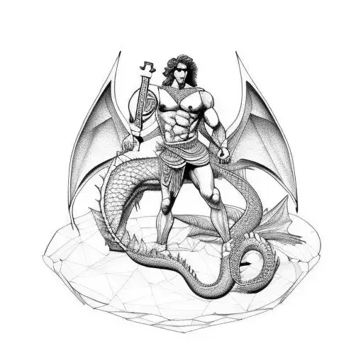 greek god adonis looking lean muscular shredded handsome riding a dragon tattoo design idea