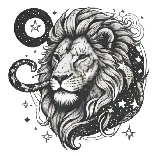 A lion and snake in a celestial setting with stars and galaxies tattoo design idea