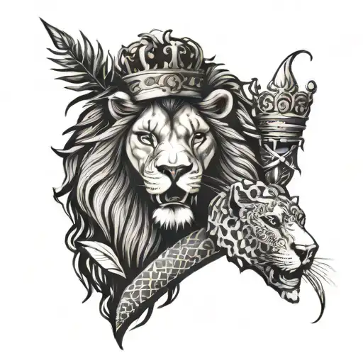 lion wearing crown on shoulder, black mamba snake wrapping around entire arm, jungle background  tattoo design idea
