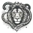 A lion and snake in a celestial setting with stars and galaxies tattoo design idea