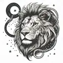 A lion and snake in a celestial setting with stars and galaxies tattoo design idea