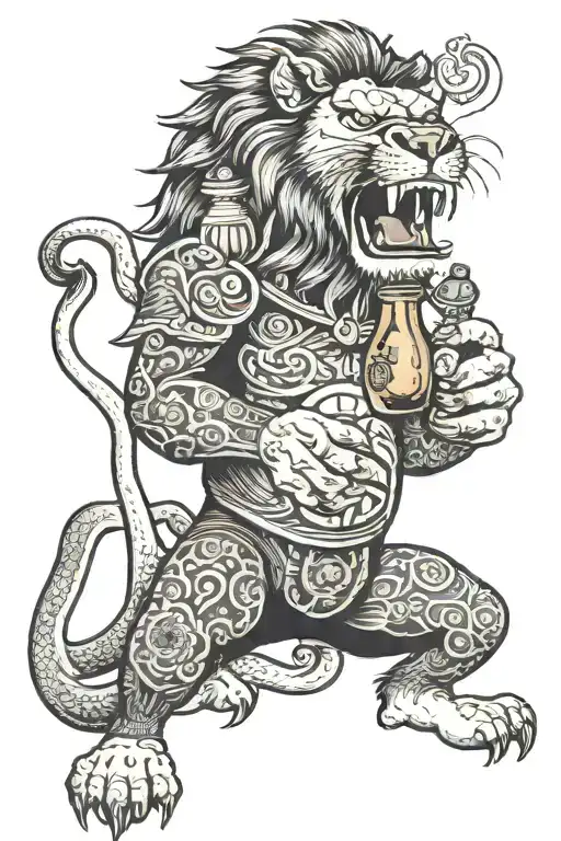 Japanese style lion with a bourbon bottle and cigar in its mouth tattoo design idea