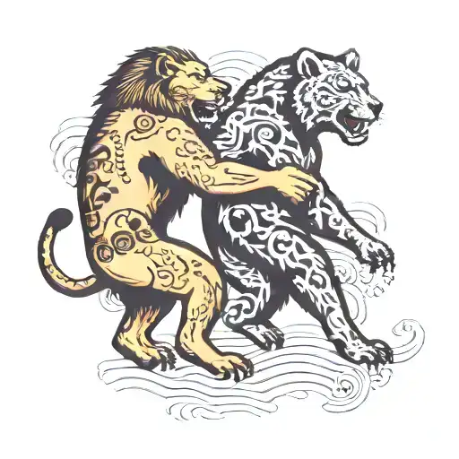 Folk style wrestling match between a lion and a bear, with a backdrop of Japanese and Mexican cultural elements tattoo design idea