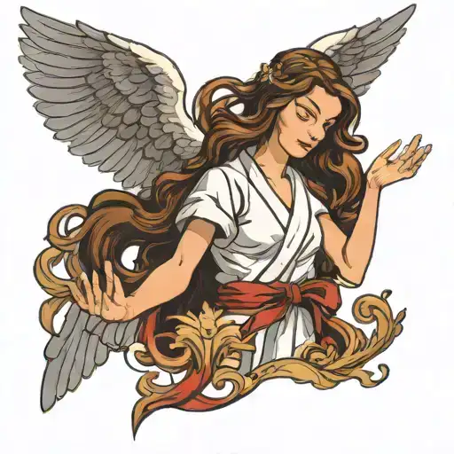 teen girl, brown wavy hair, into choir and karate, royal image with angel guardians. tattoo design idea