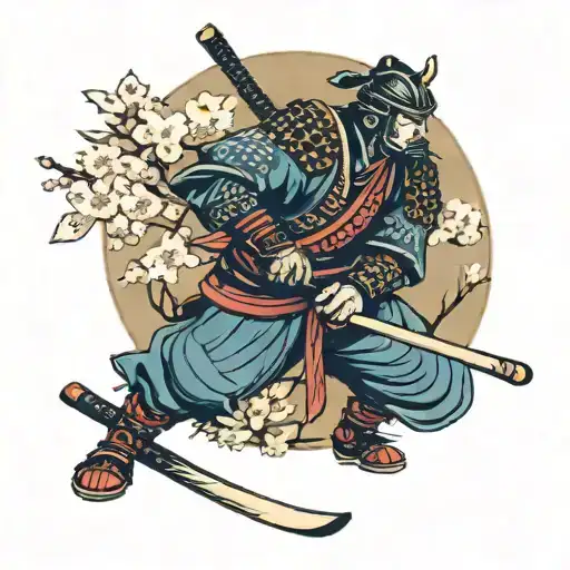 Samurai with hockey gear armor, and hockey stick for weapon under a Sakura tree tattoo design idea