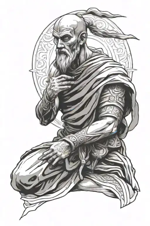 Lone Greek Warrior monk meditating tattoo design idea