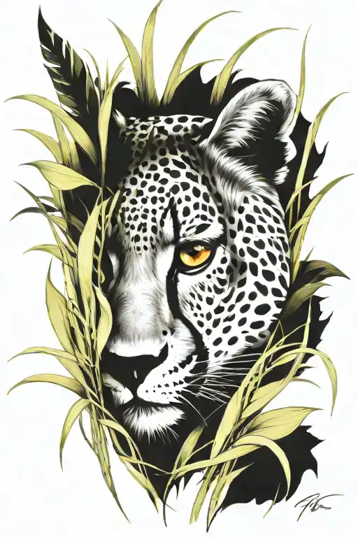 Cheetah face looking through  tall grass  tattoo design idea