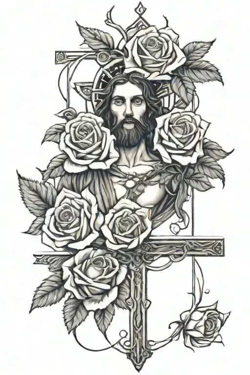 roses surrounding Jesus stripped tattoo design idea