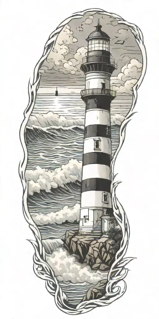 lighthouse, beach, ocean, waves crashing tattoo design idea
