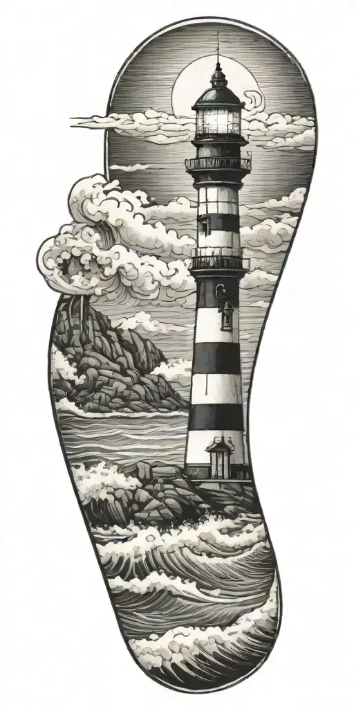 lighthouse, beach, ocean, waves crashing tattoo design idea
