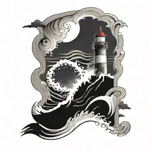 A majestic lighthouse rising above turbulent ocean waves, with a silhouette of a boat in the distance tattoo design idea