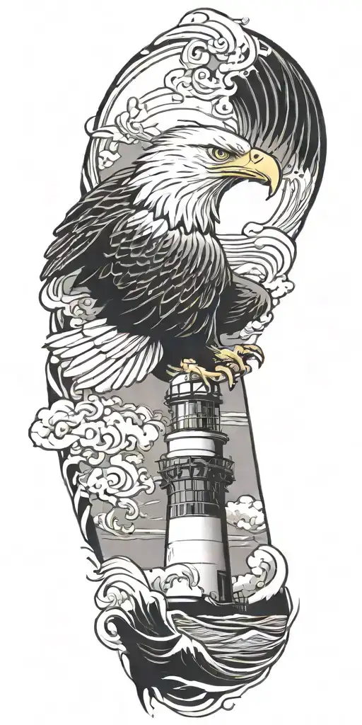 bald eagle, light house, waves crashing tattoo design idea