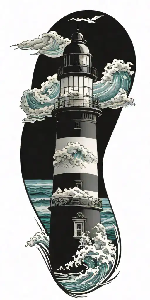 lighthouse, beach, ocean waves tattoo design idea