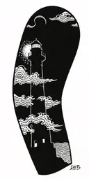 lighthouse, beach, ocean, waves crashing waves, jelly fish, fish tattoo design idea