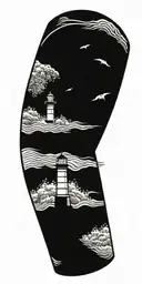 lighthouse, beach, ocean, waves crashing waves, jelly fish, fish tattoo design idea