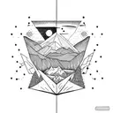 open book, mountains, moon, constellations tattoo design idea