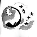 open book, mountains, moon, constellations tattoo design idea