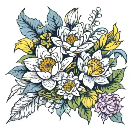 flower bouquet with the flowers water lily,daffodil,holly,aster,Chrysanthemum tattoo design idea