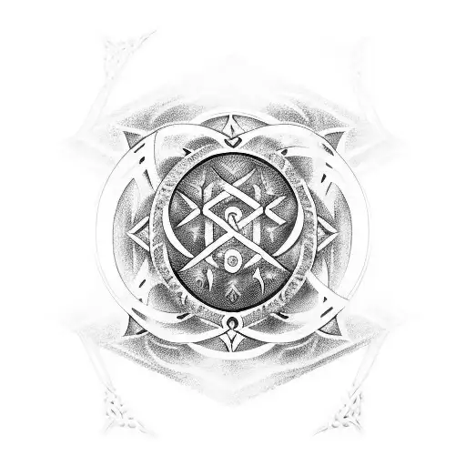 A tattoo showcasing the iconic Elden Ring logo, merged with Viking symbols and runes, in a bold blackwork style tattoo design idea