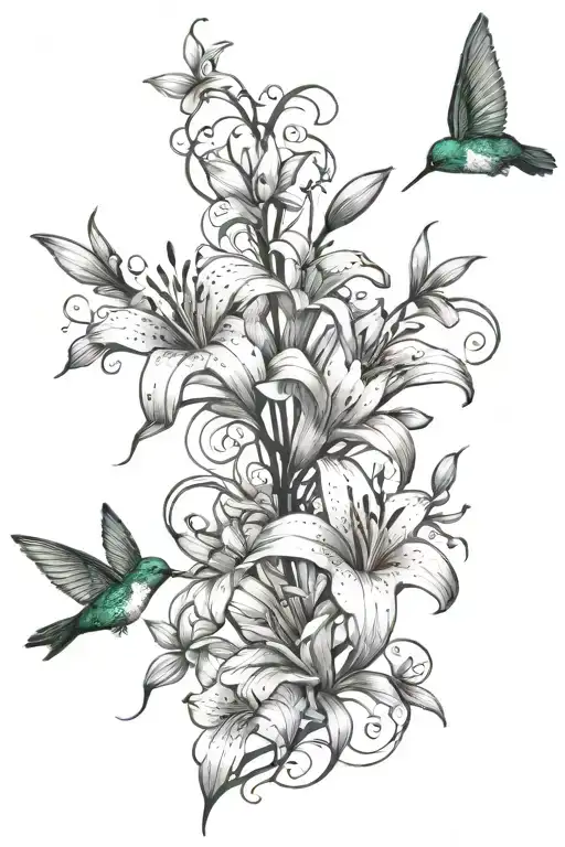 Lily flower vine wrap my arm with hummingbirds flying and butterflies tattoo design idea