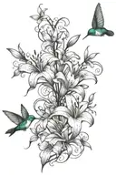 Lily flower vine wrap my arm with hummingbirds flying and butterflies tattoo design idea