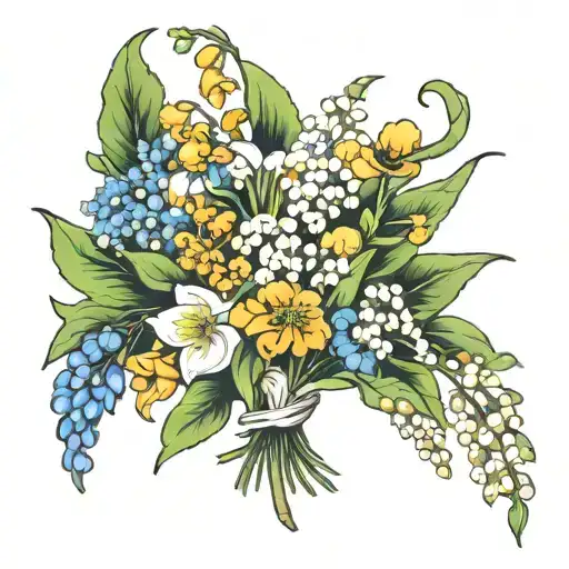 lily of the valley, larkspur, and marigold bouquet tattoo design idea