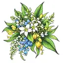 lily of the valley, larkspur, and marigold bouquet tattoo design idea