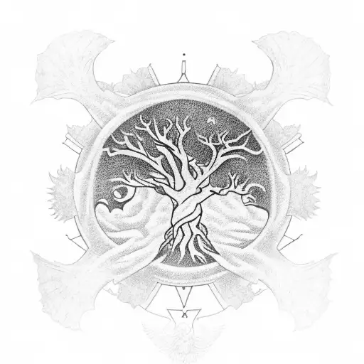 A tattoo with the tree Yggdrasil and the vegvisir on the bottom, the two ravens hugin and munin should surround the tree tattoo design idea