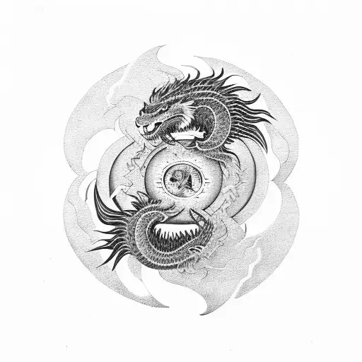 a dragon and a lion inside of esch side of a yin yang tattoo design idea