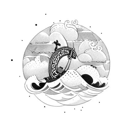 Odin above the clouds creating a storm with a viking ship crashing in the waves.  tattoo design idea