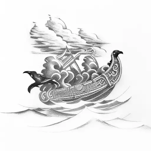 Odin with his ravens above the clouds creating a storm with a viking ship crashing in the waves.  tattoo design idea