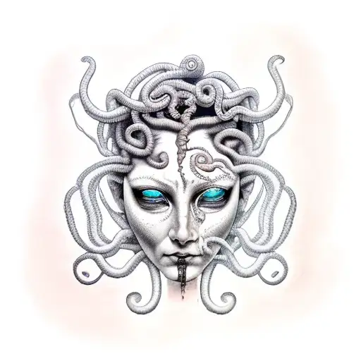 Medusa with mask split half crying half angry  tattoo design idea