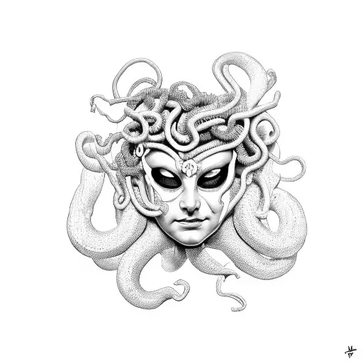 Medusa with mask split half crying half angry  tattoo design idea