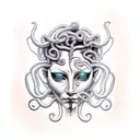 Medusa with mask split half crying half angry  tattoo design idea