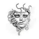 Medusa with mask split half crying half angry  tattoo design idea