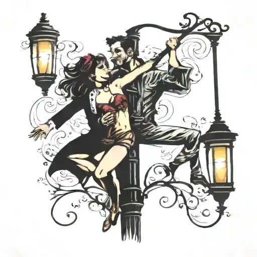 couple pole dancing on streetlight  tattoo design idea