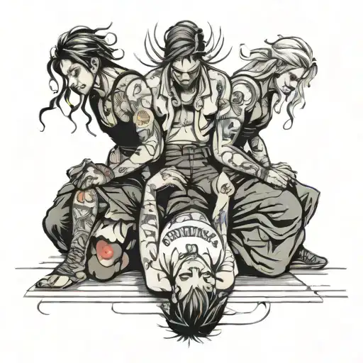 four people kneeling on road tattoo design idea