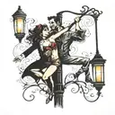 couple pole dancing on streetlight  tattoo design idea